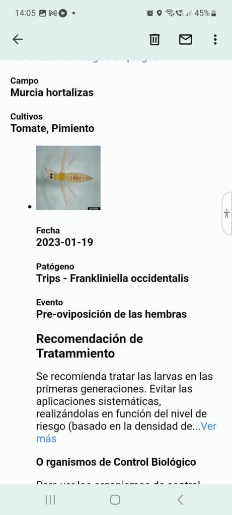 Email de aviso de cambio en el estado del ciclo de vida de Frankliniella occidentalis para cultivo de